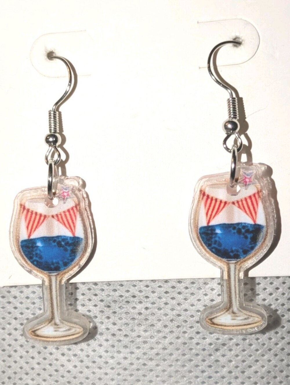 Hand Crafted Patriotic Wine Glass Acrylic Dangle Earrings - Red, White & Blue